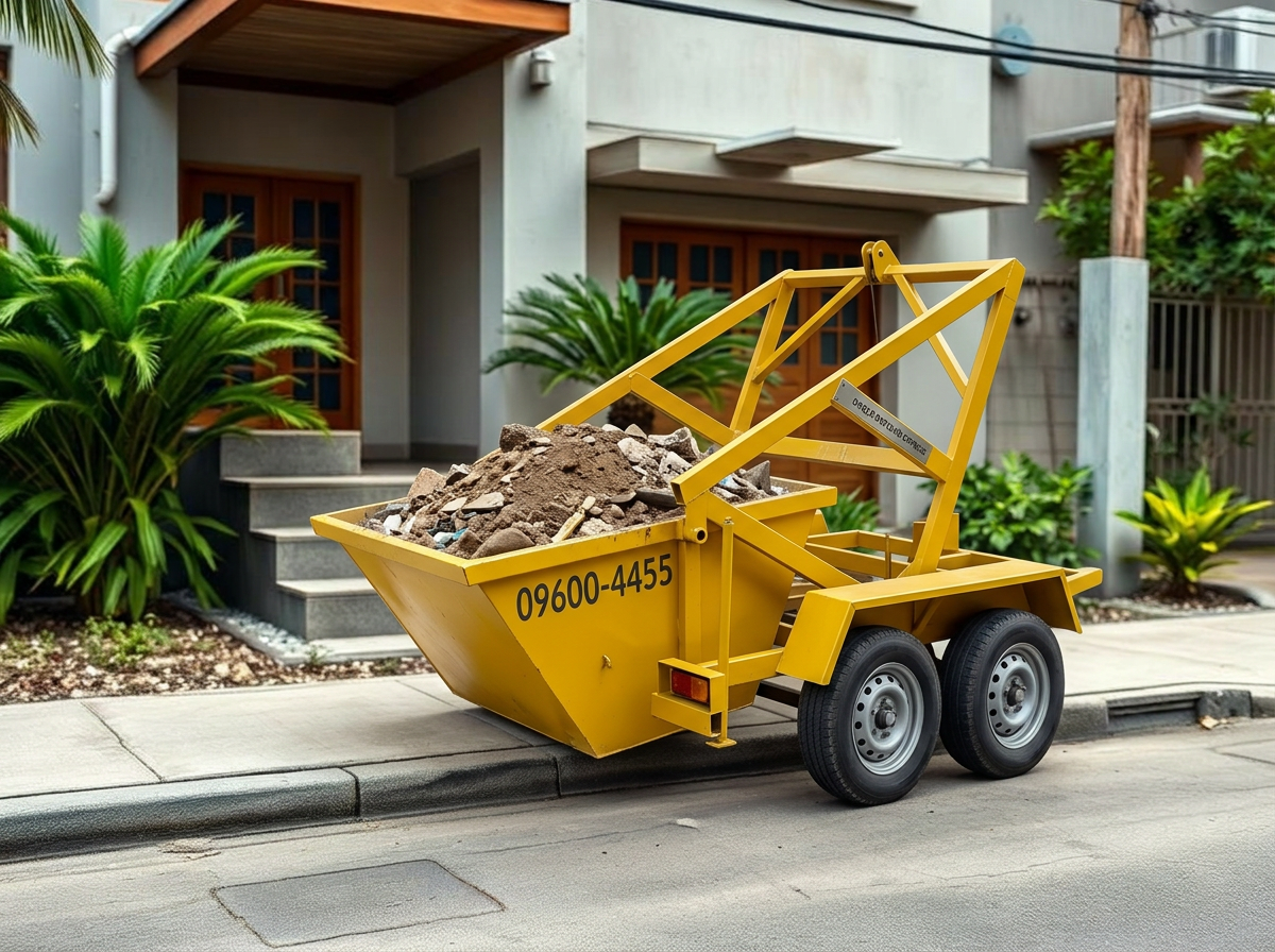 Mini caçamba amarela em reboque para pequenas obras residenciais